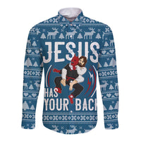 Jesus Has Your Back Jiu Jitsu Christmas Long Sleeve Button Shirt Funny Xmas Holiday Patterns - Wonder Print Shop
