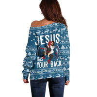 Jesus Has Your Back Jiu Jitsu Christmas Off Shoulder Sweater Funny Xmas Holiday Patterns - Wonder Print Shop