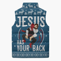 Jesus Has Your Back Jiu Jitsu Christmas Sleeveless Puffer Jacket Funny Xmas Holiday Patterns - Wonder Print Shop