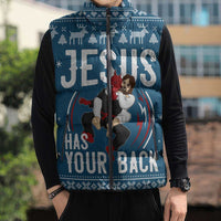 Jesus Has Your Back Jiu Jitsu Christmas Sleeveless Puffer Jacket Funny Xmas Holiday Patterns - Wonder Print Shop