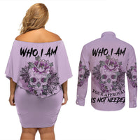 I Am Who I Am Skull Couples Matching Off Shoulder Short Dress and Long Sleeve Button Shirt - Wonder Print Shop