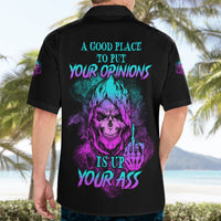 Black short-sleeve button-up shirt with neon skull back graphic and teal text