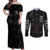 IDGAF Flag Skull Couples Matching Off Shoulder Maxi Dress and Long Sleeve Button Shirt - Wonder Print Shop
