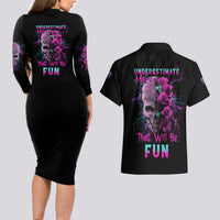Underestimate Me Rose Skull Couples Matching Long Sleeve Bodycon Dress and Hawaiian Shirt - Wonder Print Shop