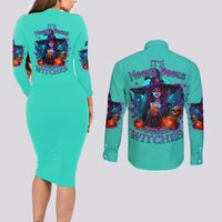 Hocus Pocus Time Witches Halloween Couples Matching Long Sleeve Bodycon Dress and Long Sleeve Button Shirt - Wonder Print Shop