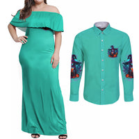 Hocus Pocus Time Witches Halloween Couples Matching Off Shoulder Maxi Dress and Long Sleeve Button Shirt - Wonder Print Shop