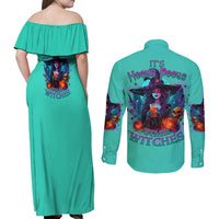 Hocus Pocus Time Witches Halloween Couples Matching Off Shoulder Maxi Dress and Long Sleeve Button Shirt - Wonder Print Shop