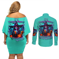 Hocus Pocus Time Witches Halloween Couples Matching Off Shoulder Short Dress and Long Sleeve Button Shirt - Wonder Print Shop