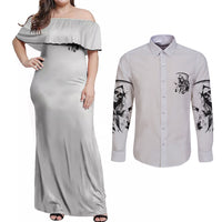 I Can't Go To Hell Reaper Skull Couples Matching Off Shoulder Maxi Dress and Long Sleeve Button Shirt - Wonder Print Shop