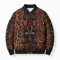 Bes Ancient Egyptian Bomber Puffer Jacket with Leopard Print Ankh and Eye of Horus Egyptian Deity Tribute - Wonder Print Shop