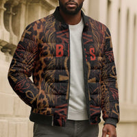 Bes Ancient Egyptian Bomber Puffer Jacket with Leopard Print Ankh and Eye of Horus Egyptian Deity Tribute - Wonder Print Shop