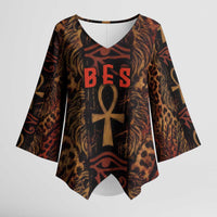 Bes Ancient Egyptian Kimono Sleeve Blouse with Leopard Print Ankh and Eye of Horus Egyptian Deity Tribute - Wonder Print Shop