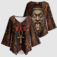 Bes Ancient Egyptian Kimono Sleeve Blouse with Leopard Print Ankh and Eye of Horus Egyptian Deity Tribute - Wonder Print Shop