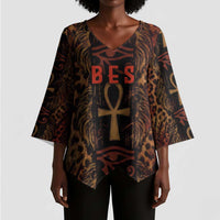 Bes Ancient Egyptian Kimono Sleeve Blouse with Leopard Print Ankh and Eye of Horus Egyptian Deity Tribute - Wonder Print Shop
