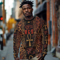 Bes Ancient Egyptian Long Sleeve Shirt with Leopard Print Ankh and Eye of Horus Egyptian Deity Tribute - Wonder Print Shop