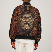 Bes Ancient Egyptian Sleeve Zip Bomber Jacket with Leopard Print Ankh and Eye of Horus Egyptian Deity Tribute - Wonder Print Shop
