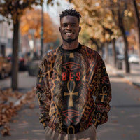 Bes Ancient Egyptian Sweatshirt with Leopard Print Ankh and Eye of Horus Egyptian Deity Tribute - Wonder Print Shop