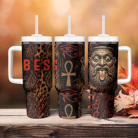 Bes Ancient Egyptian Tumbler With Handle with Leopard Print Ankh and Eye of Horus Egyptian Deity Tribute - Wonder Print Shop