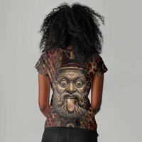 Bes Ancient Egyptian Women V-Neck T-Shirt with Leopard Print Ankh and Eye of Horus Egyptian Deity Tribute - Wonder Print Shop