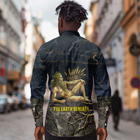 Geb Long Sleeve Button Shirt Ancient Egyptian Cracked Earth and Wheat Illustration Egyptian Earth God - Wonder Print Shop