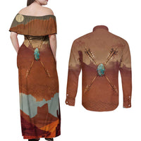 Geronimo Native American Couples Matching Off Shoulder Maxi Dress and Long Sleeve Button Shirt Rifle and Desert Landscape Native American Warrior - Wonder Print Shop