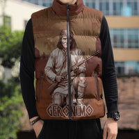 Geronimo Native American Sleeveless Puffer Jacket Rifle and Desert Landscape Native American Warrior - Wonder Print Shop