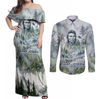 Chief Joseph Native American Couples Matching Off Shoulder Maxi Dress and Long Sleeve Button Shirt Tribal Heart Symbol Inspirational Quote Will Fight No More Forever - Wonder Print Shop