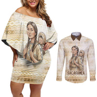 Sacagawea Native American Couples Matching Off Shoulder Short Dress and Long Sleeve Button Shirt River Journey Scene Inspirational Quote Lead with Your Heart - Wonder Print Shop