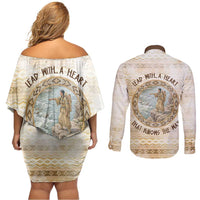 Sacagawea Native American Couples Matching Off Shoulder Short Dress and Long Sleeve Button Shirt River Journey Scene Inspirational Quote Lead with Your Heart - Wonder Print Shop