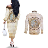 Sacagawea Native American Couples Matching Off The Shoulder Long Sleeve Dress and Long Sleeve Button Shirt River Journey Scene Inspirational Quote Lead with Your Heart - Wonder Print Shop