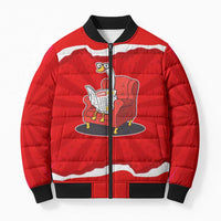 Silly Goose Bomber Puffer Jacket with Newspaper and Armchair Pattern