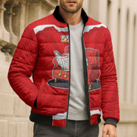 Silly Goose Bomber Puffer Jacket with Newspaper and Armchair Pattern
