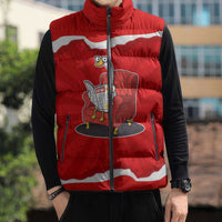 Silly Goose Sleeveless Puffer Jacket with Newspaper and Armchair Pattern