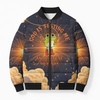 Grumpy Frog Bomber Puffer Jacket with Refuse to Study Quote and Starburst Pattern