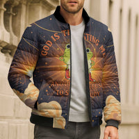 Grumpy Frog Bomber Puffer Jacket with Refuse to Study Quote and Starburst Pattern