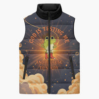 Grumpy Frog Sleeveless Puffer Jacket with Refuse to Study Quote and Starburst Pattern