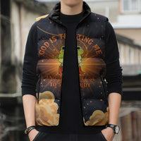 Grumpy Frog Sleeveless Puffer Jacket with Refuse to Study Quote and Starburst Pattern