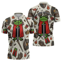 Funny Cartoon Knight Frog Zipper Polo Shirt Medieval Mood Meme
