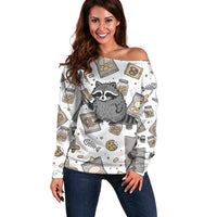 I Require Snacks Raccoon Off Shoulder Sweater Cute Bandit Raccoon Chaos with a Knife