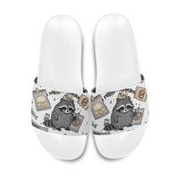 I Require Snacks Raccoon Slide Sandals Cute Bandit Raccoon Chaos with a Knife