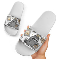 I Require Snacks Raccoon Slide Sandals Cute Bandit Raccoon Chaos with a Knife