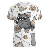 I Require Snacks Raccoon Women V-Neck T-Shirt Cute Bandit Raccoon Chaos with a Knife