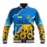 Ukraine Pride Baseball Jacket Map, Flag & Tryzub with Sunflower Field Patriotic