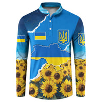 Ukraine Pride Button Sweatshirt Map, Flag & Tryzub with Sunflower Field Patriotic