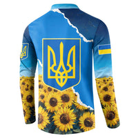 Ukraine Pride Button Sweatshirt Map, Flag & Tryzub with Sunflower Field Patriotic