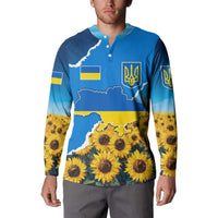 Ukraine Pride Button Sweatshirt Map, Flag & Tryzub with Sunflower Field Patriotic