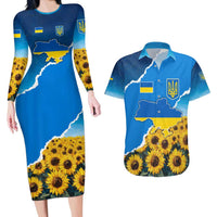 Ukraine Pride Couples Matching Long Sleeve Bodycon Dress and Hawaiian Shirt Map, Flag & Tryzub with Sunflower Field Patriotic