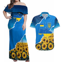 Ukraine Pride Couples Matching Off Shoulder Maxi Dress and Hawaiian Shirt Map, Flag & Tryzub with Sunflower Field Patriotic