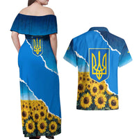 Ukraine Pride Couples Matching Off Shoulder Maxi Dress and Hawaiian Shirt Map, Flag & Tryzub with Sunflower Field Patriotic