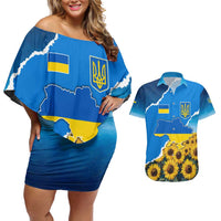 Ukraine Pride Couples Matching Off Shoulder Short Dress and Hawaiian Shirt Map, Flag & Tryzub with Sunflower Field Patriotic